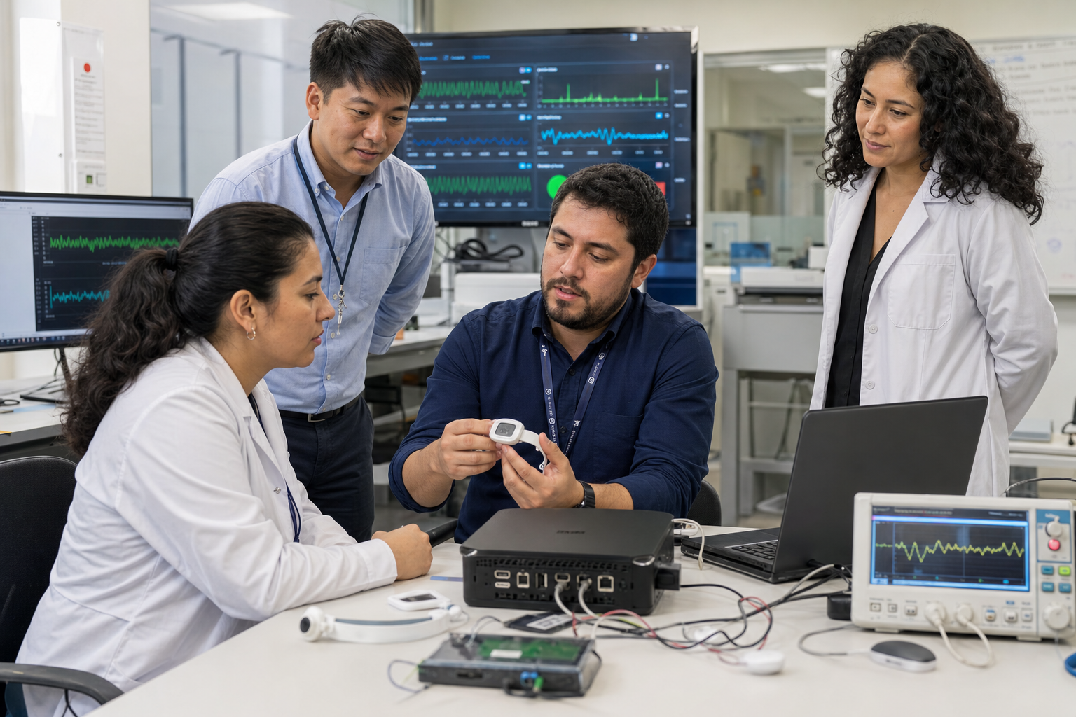 ภาพสถานพยาบาลที่แสดงอุปกรณ์ Wireless IoT หน่วยประมวลผล Edge AI และหน้าจอตรวจจับความผิดปกติแบบเรียลไทม์