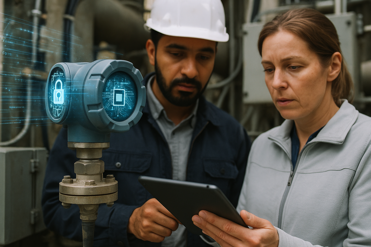 High-tech sensor device with cryptographic data visualization overlay representing secure telemetry in industrial engineering