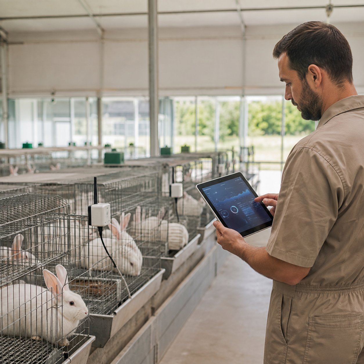 Rabbit farm with AI sensors and digital monitoring systems in place, illustrating precision farming technologies