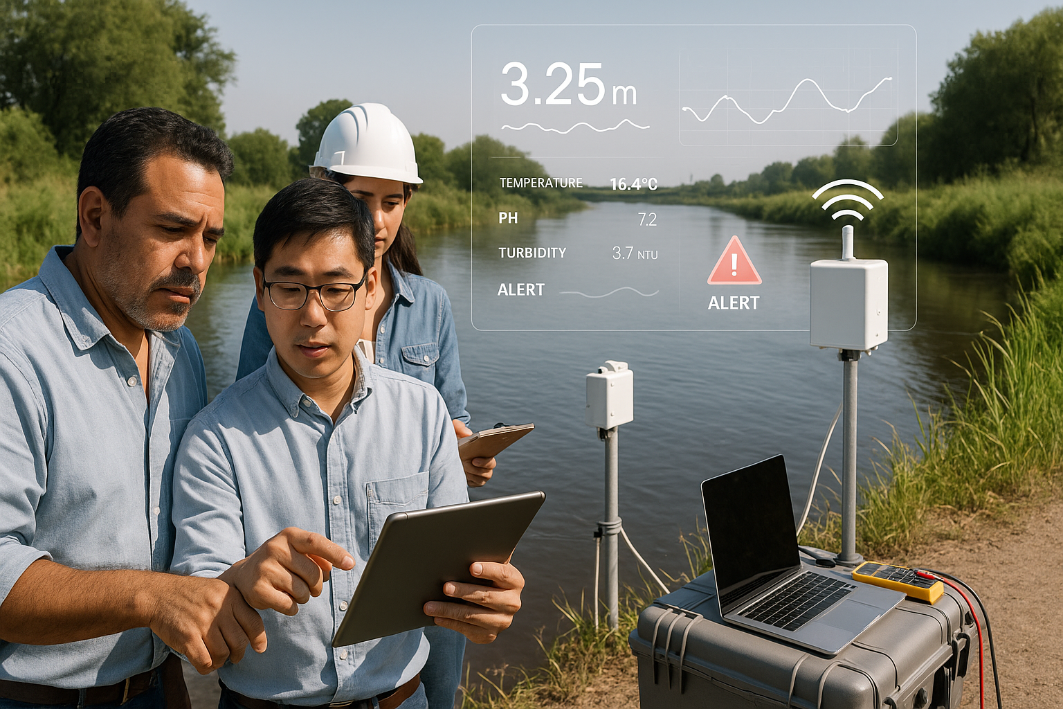 River equipped with sensors and a digital monitoring dashboard overlay showing real-time water conditions and alert statuses.
