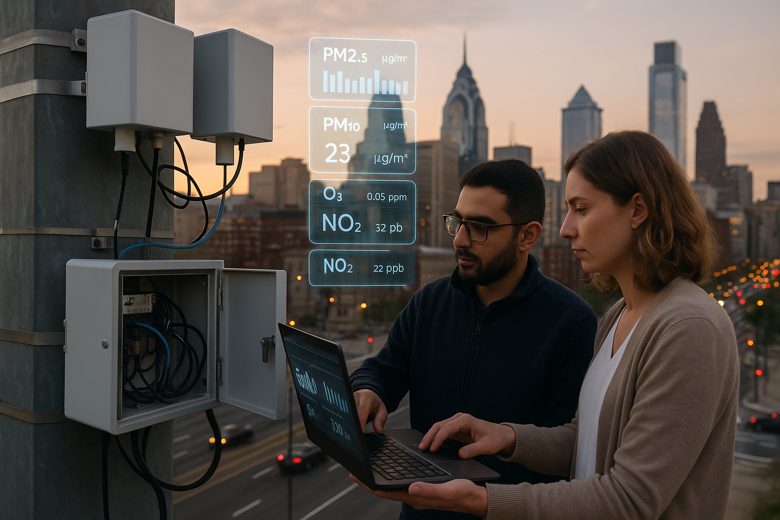 Urban air pollution sensors installed in Philadelphia with digital data overlay showing air quality readings