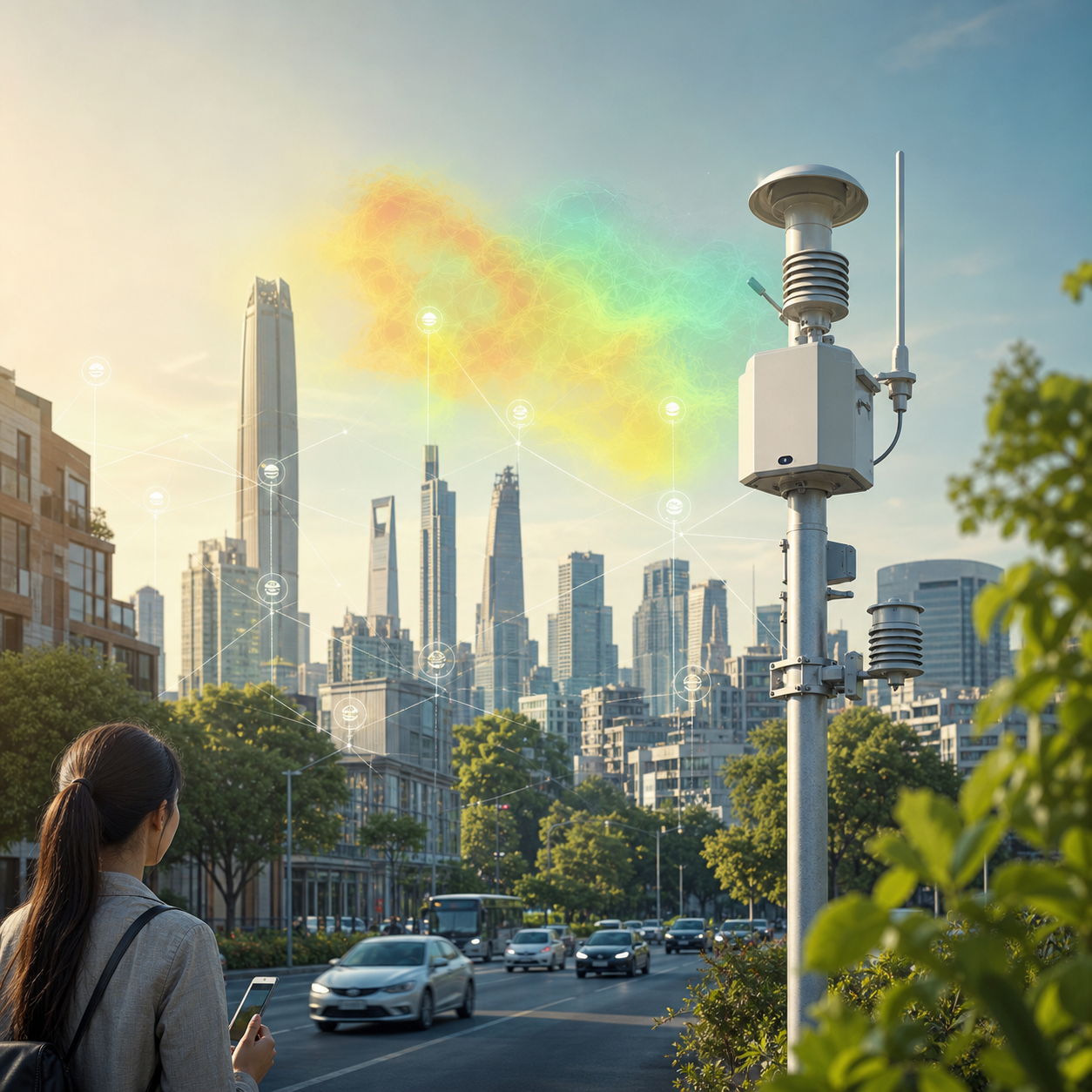 ภาพเมืองพร้อมเซ็นเซอร์ตรวจวัดคุณภาพอากาศ AI และการแสดงผลข้อมูลมลพิษแบบเรียลไทม์