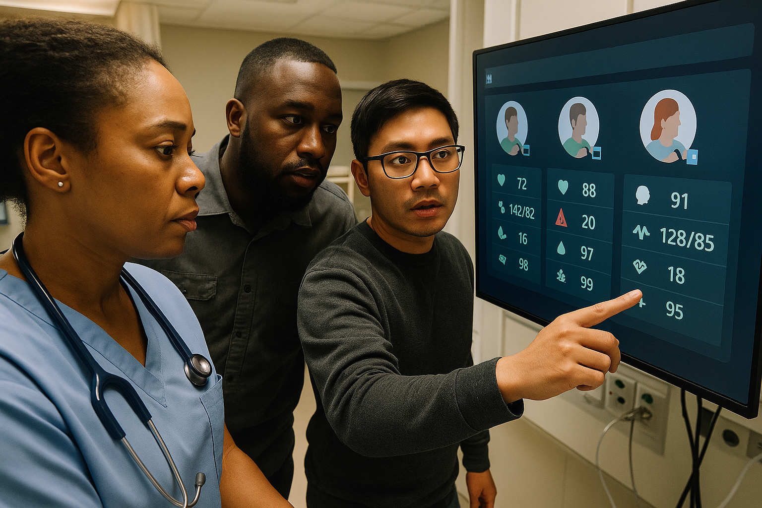 Hospital nurse viewing patient vital signs from wearable monitors on a digital dashboard in a clinical setting.