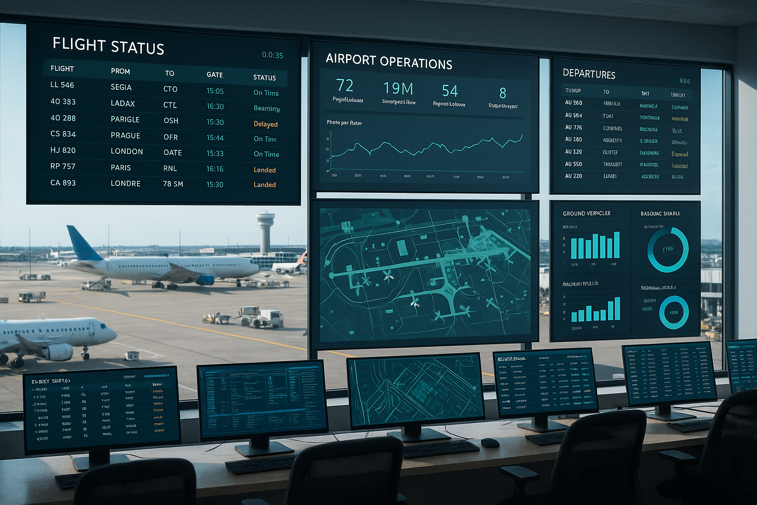 Airport operations control room with integrated digital dashboards and aircraft visible through large windows