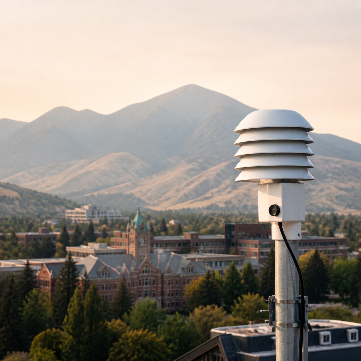 A Montana school campus with outdoor air-quality sensors and a live PM2.5 dashboard during wildfire smoke.