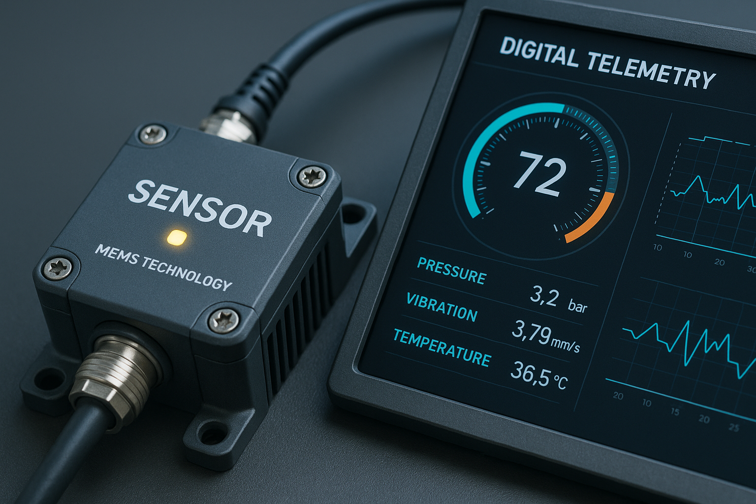 Advanced MEMS sensor connected to a digital telemetry monitoring dashboard at MSEC 2026 event.