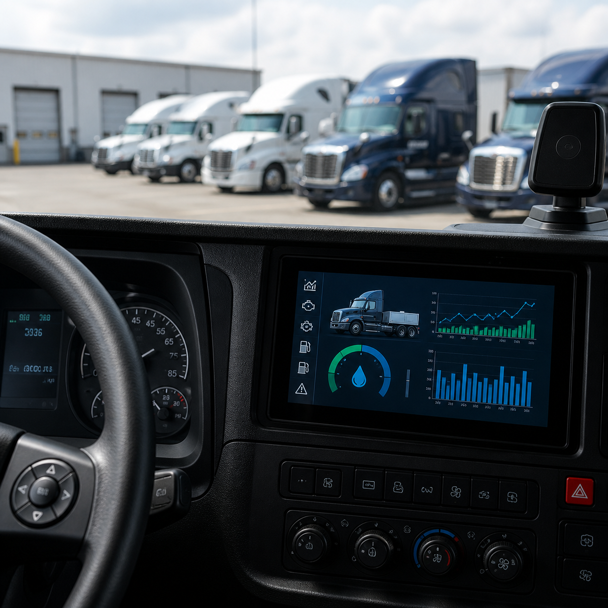 Heavy-duty truck dashboard displaying real-time telemetry and DEF monitoring data in a fleet environment