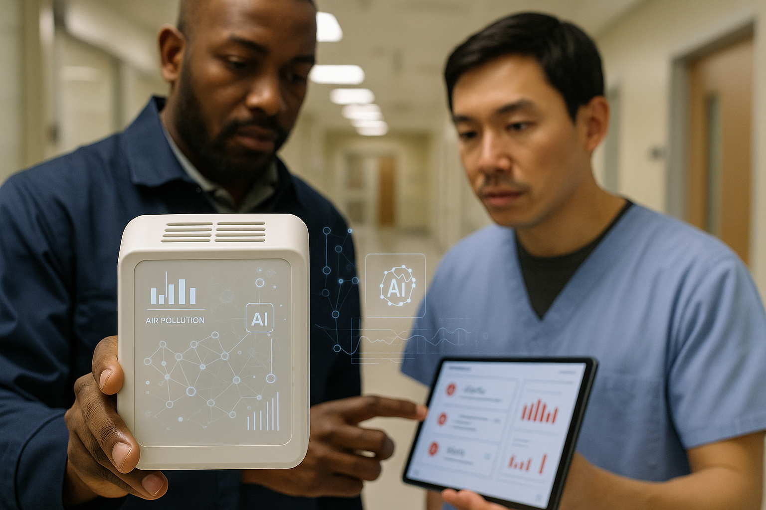 Portable AI-powered environmental sensor detecting pollutants with data analytics overlay