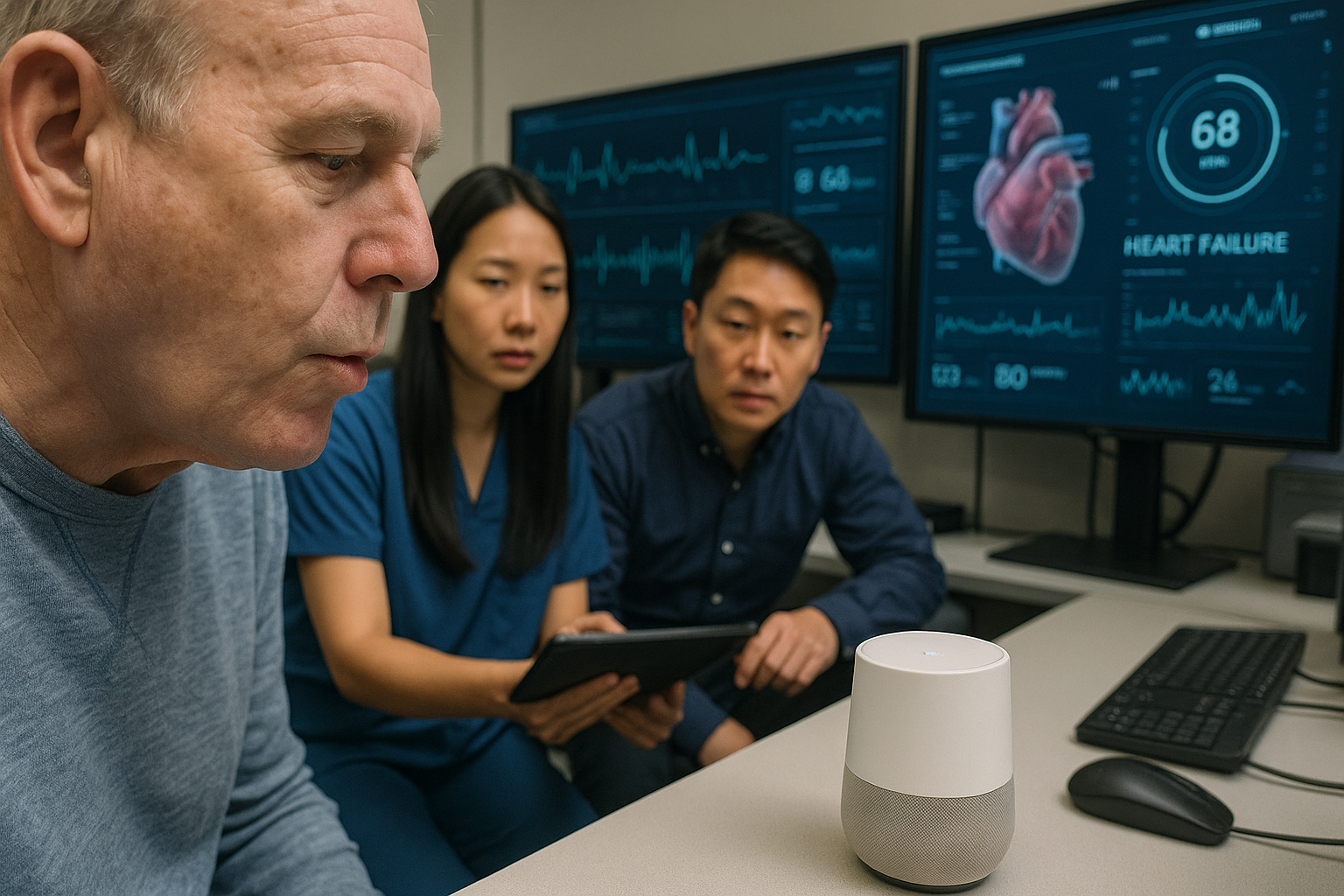 Patient using AI voice-based heart failure monitor with digital data dashboards visible in a clinical environment