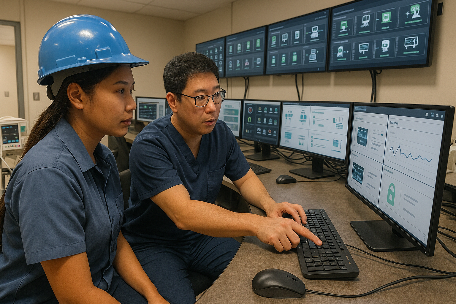 Healthcare professionals monitoring medical device operational dashboards in a hospital control room