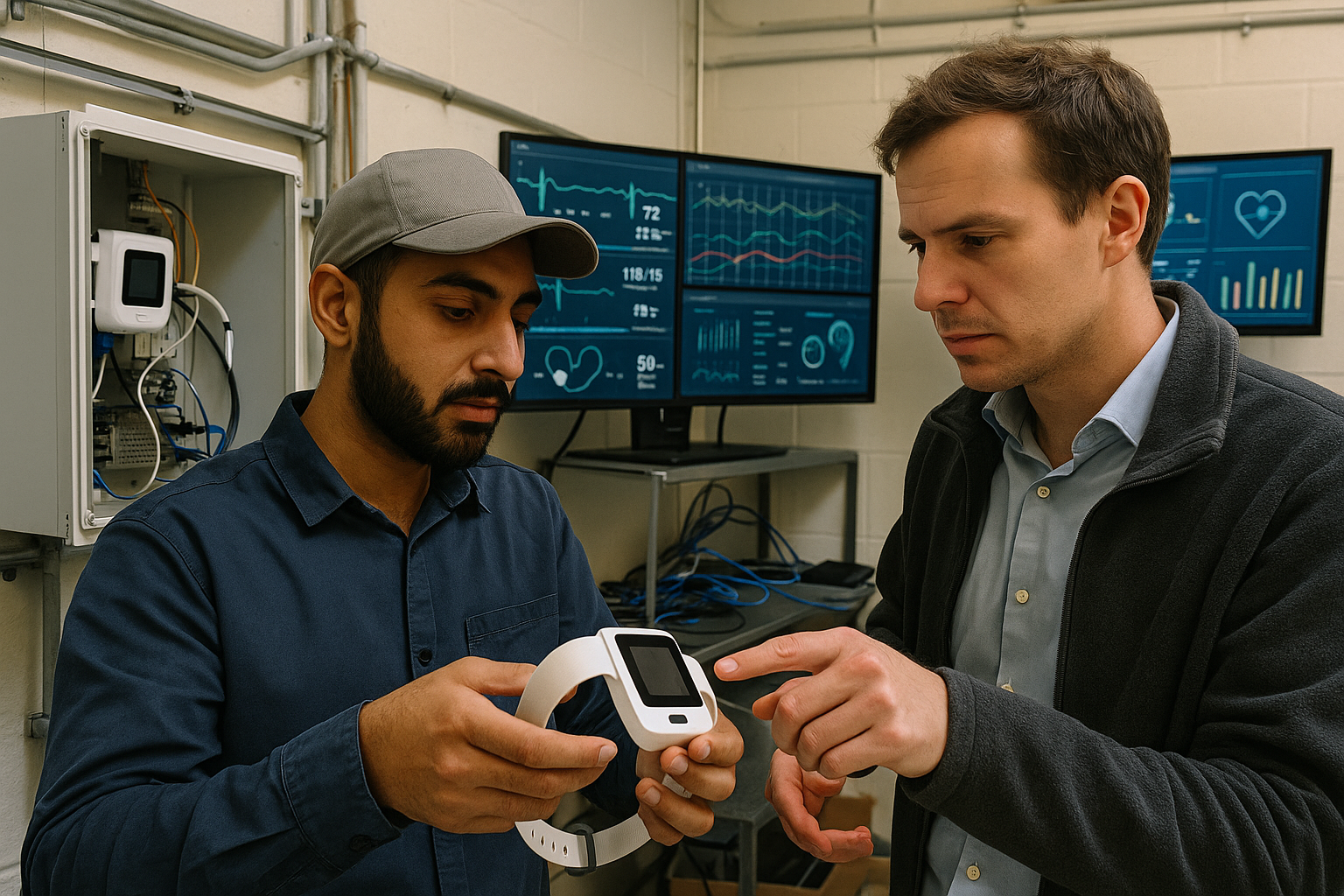 Engineers developing connected patient monitoring accessories in a telehealth-enabled medical facility