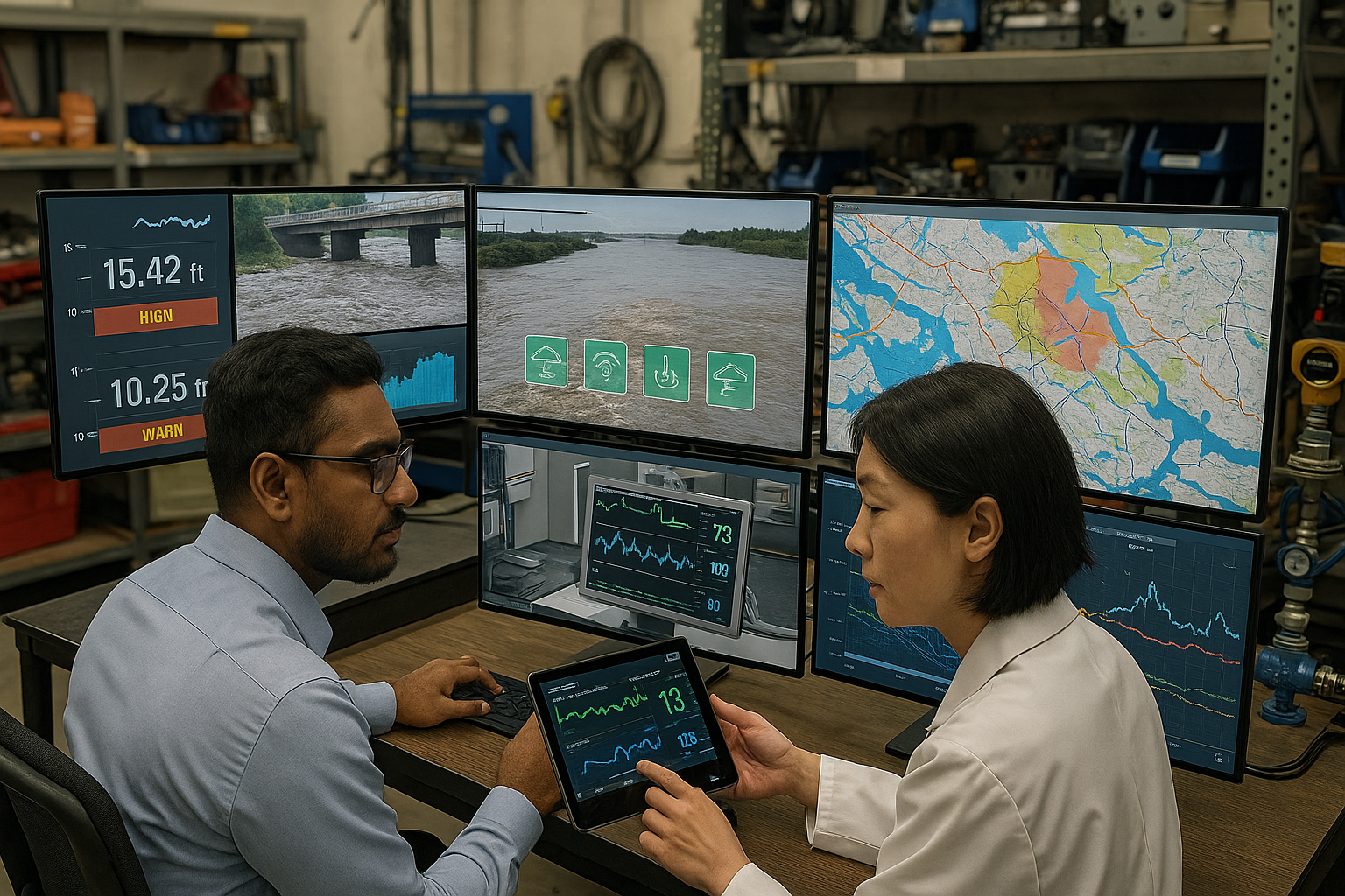 Flood monitoring control center with real-time data displays and maps of Pennsylvania waterways