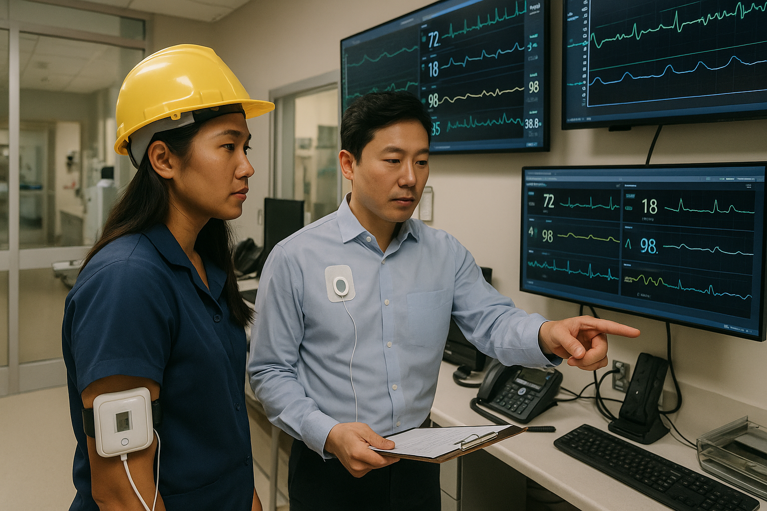 Healthcare professionals interacting with AI-powered wearable monitoring devices in a clinical environment.