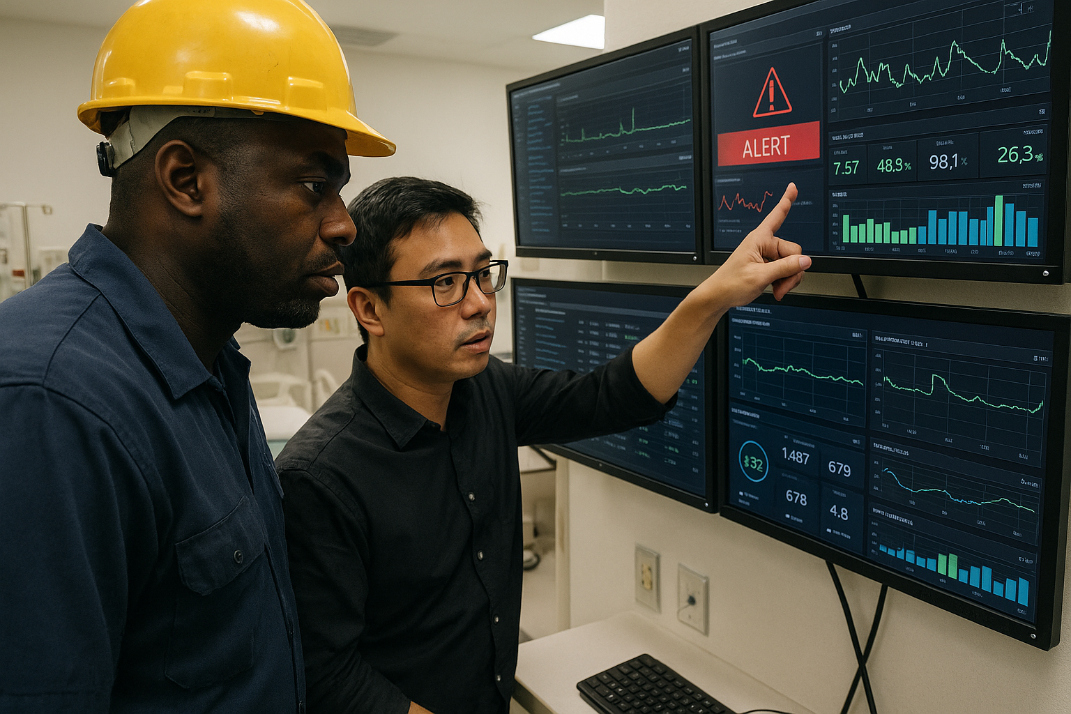 Industrial control room showing real-time potentiometric sensor telemetry and IoT dashboard displays