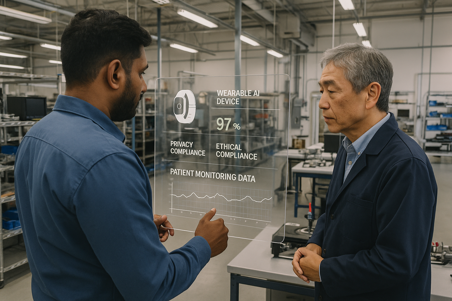 Engineer reviewing AI wearable device privacy and ethics data on transparent digital display in lab