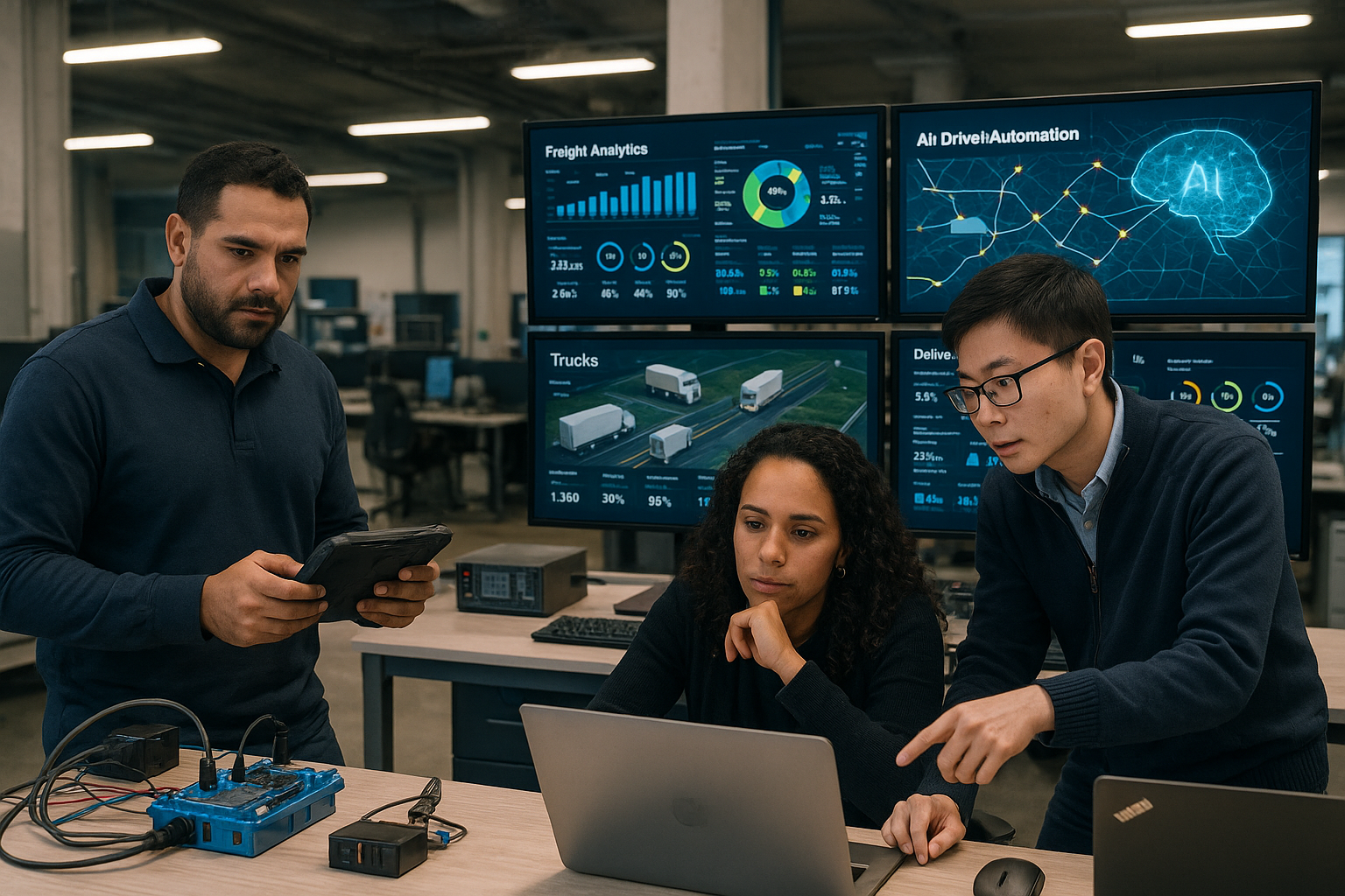 Logistics control center with AI freight management dashboards and route optimization displays