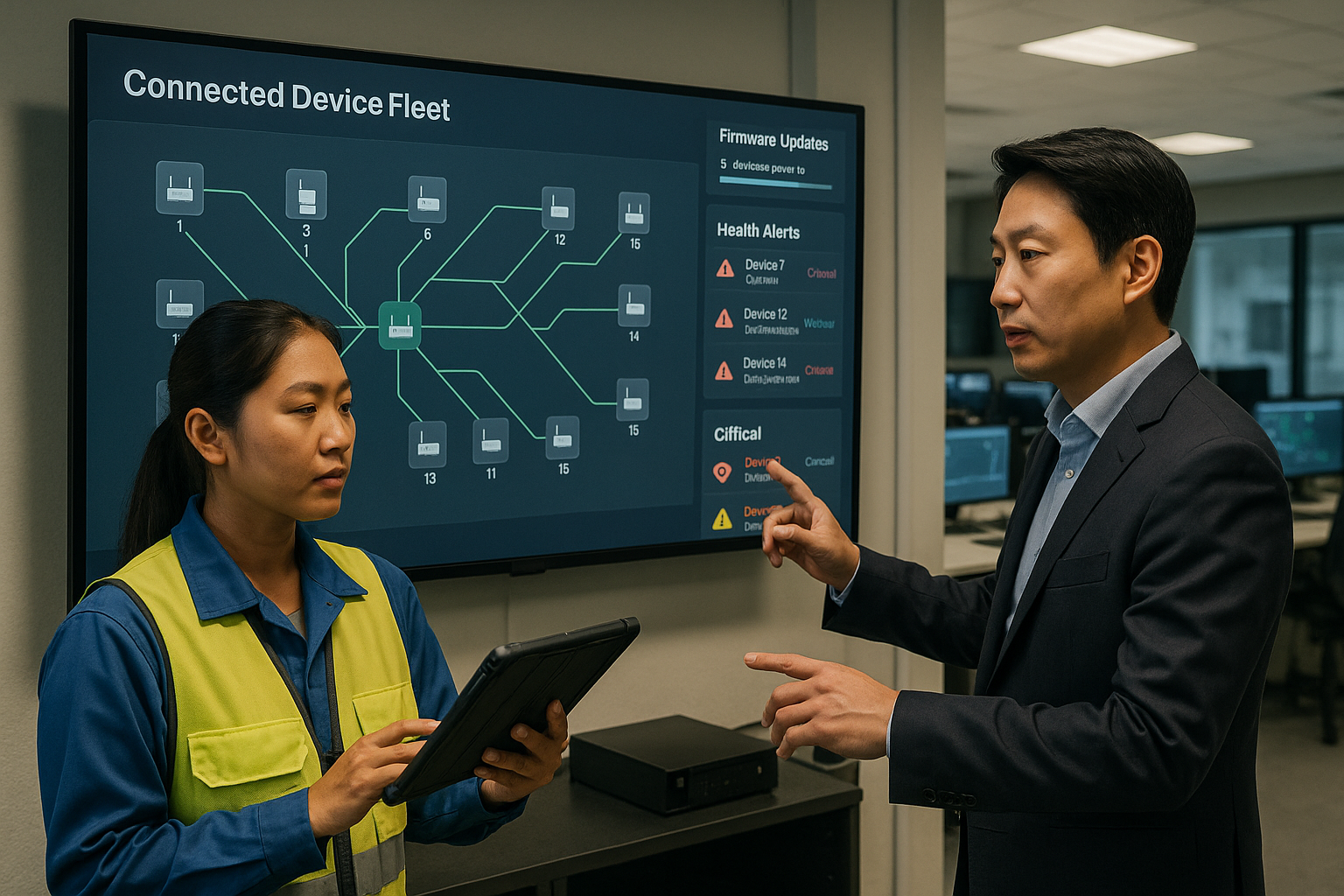 แดชบอร์ดตรวจสอบอุปกรณ์ IoT แสดงสถานะความปลอดภัยและสุขภาพของอุปกรณ์ในระบบ fleet