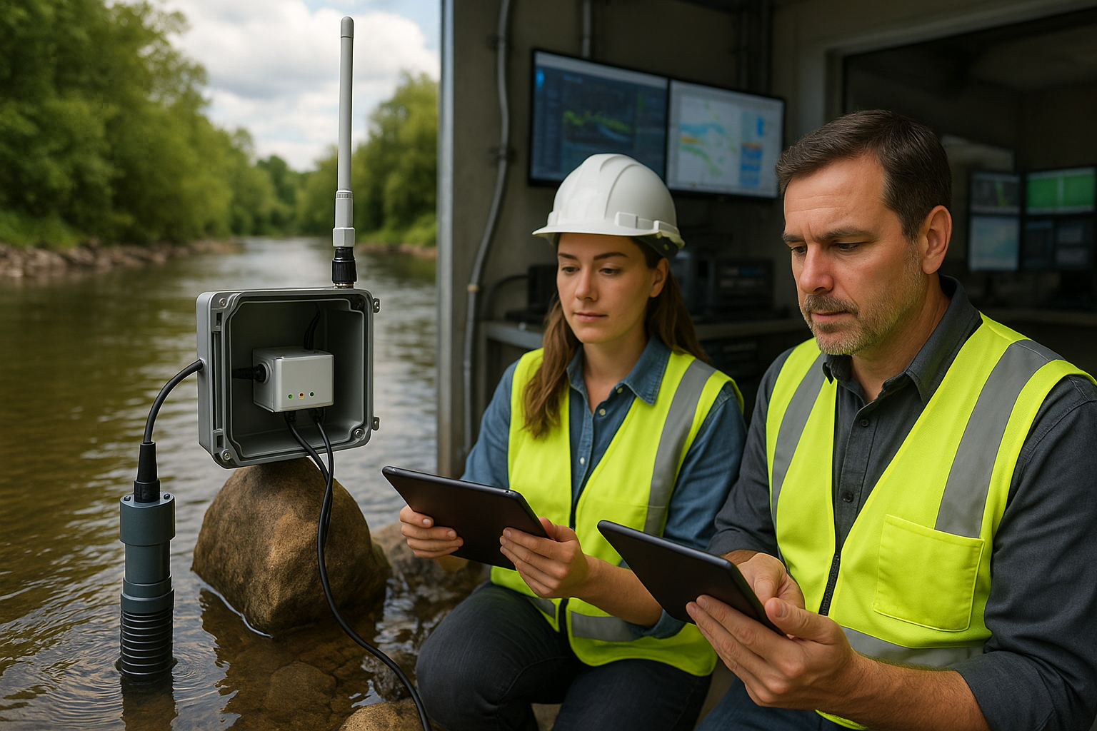 Water quality sensor in river with telemetry devices and engineers monitoring data