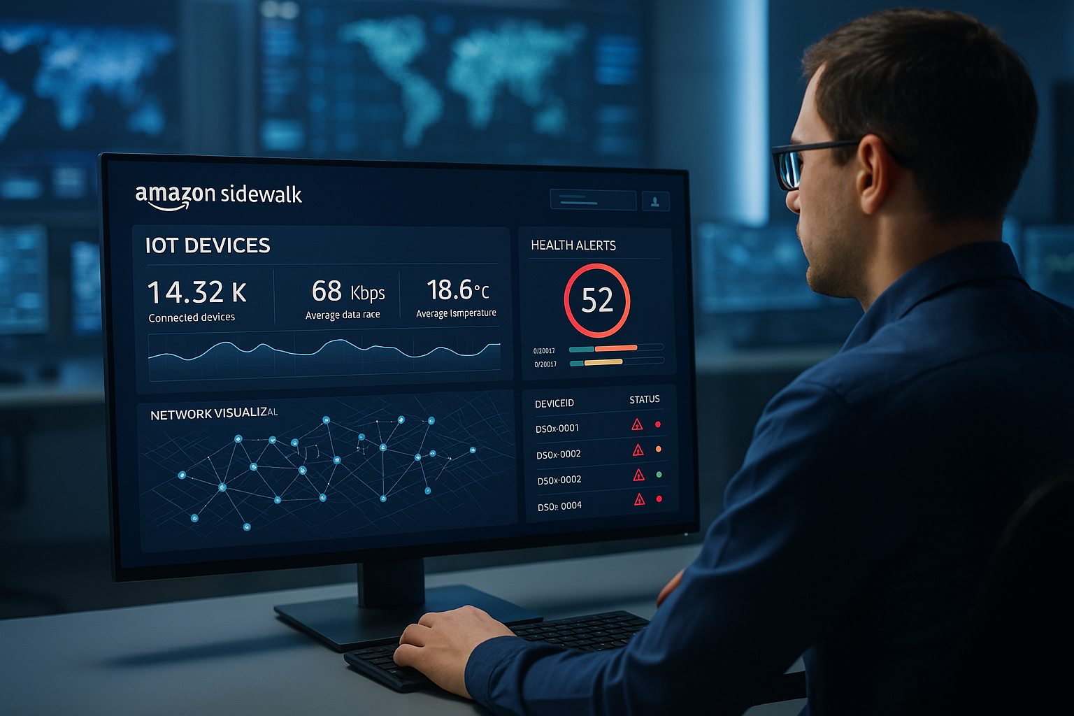 Technician overseeing Amazon Sidewalk devices on a digital monitoring dashboard showing telemetry and health alert notifications
