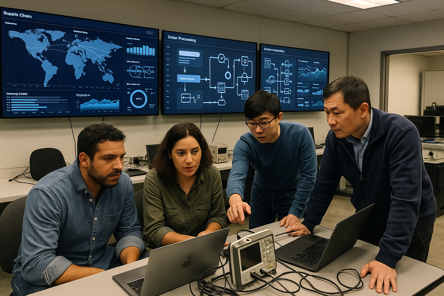 Engineering team analyzing supply chain dashboards illustrating workflow automation and integration in logistics