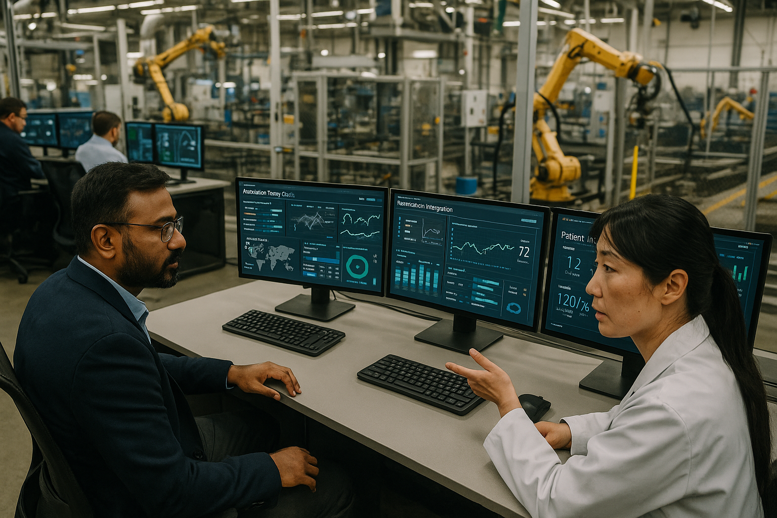Engineers working in a control room with digital supply chain security dashboards