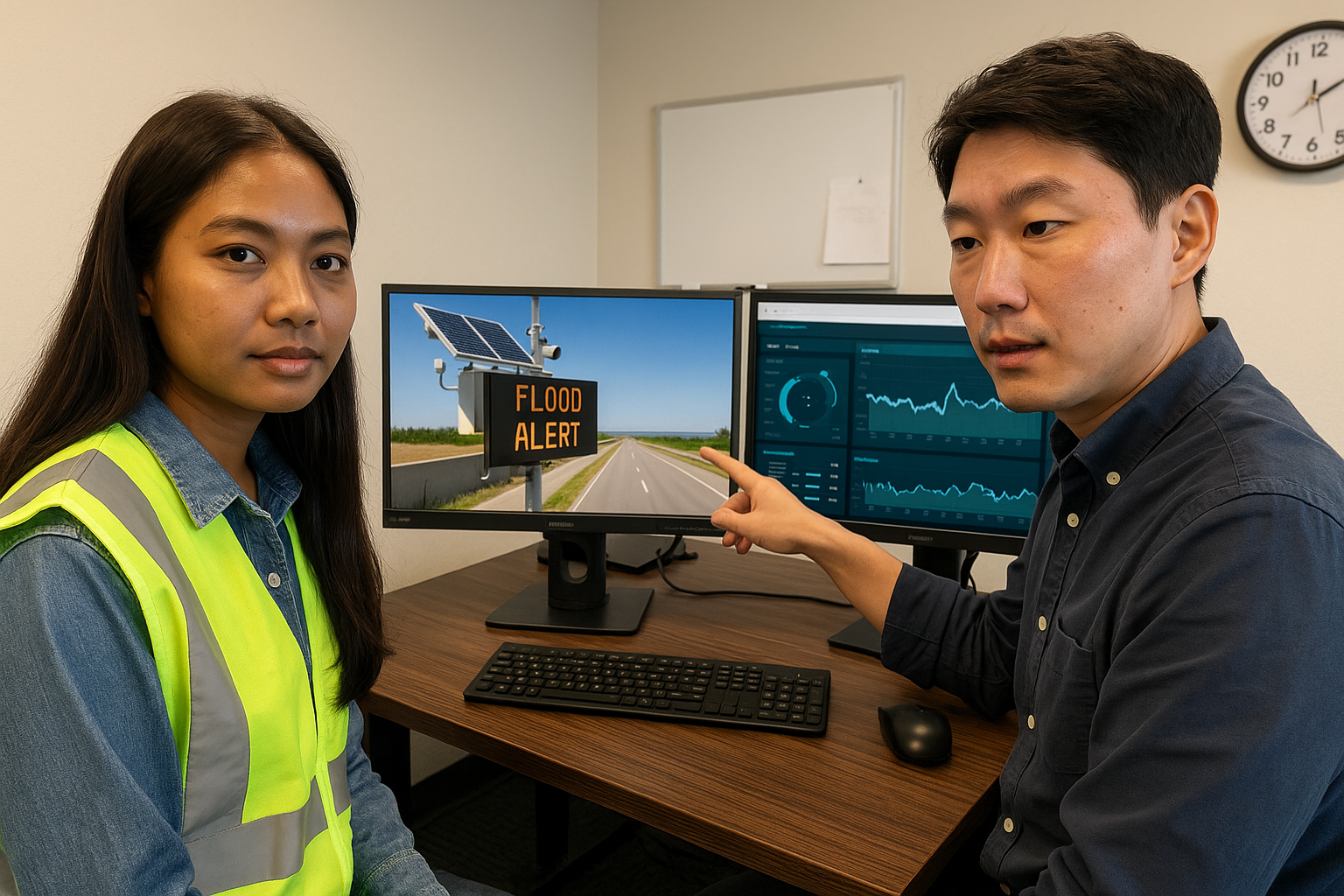 Solar-powered flood warning system on highway with active flood alert signs and solar panels