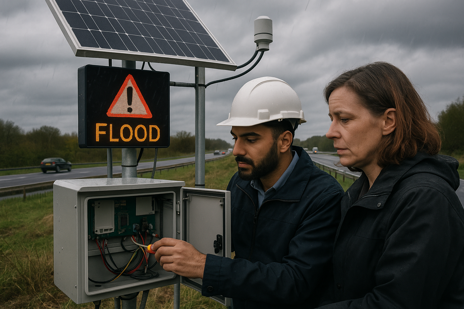 Solar-powered flood warning system with sensors and electronic signs alongside a wet road