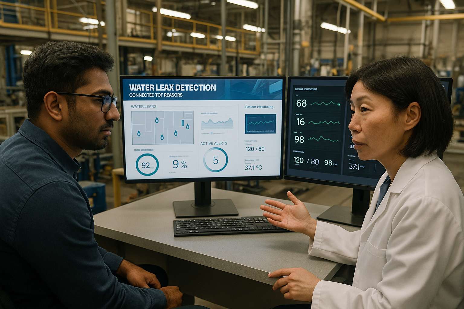 Smart water leak detection system dashboard showing sensor data and automated alerts in an engineering control room