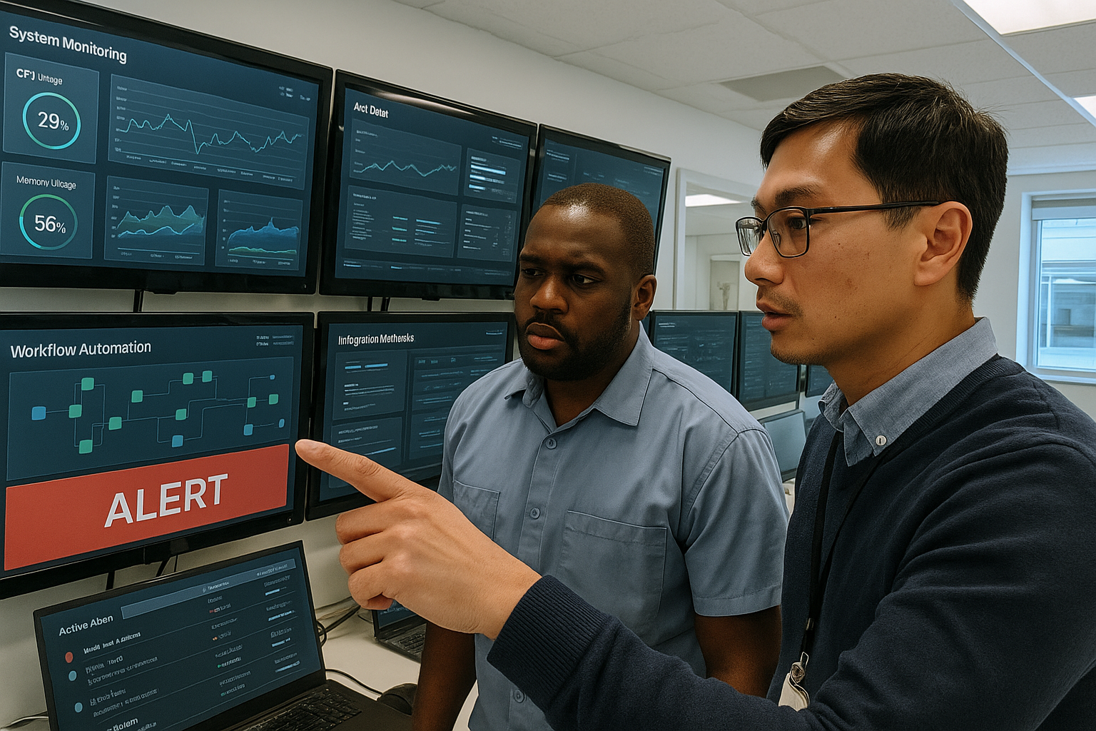 IT control room showcasing automated monitoring dashboards and workflow integrations in a corporate setting