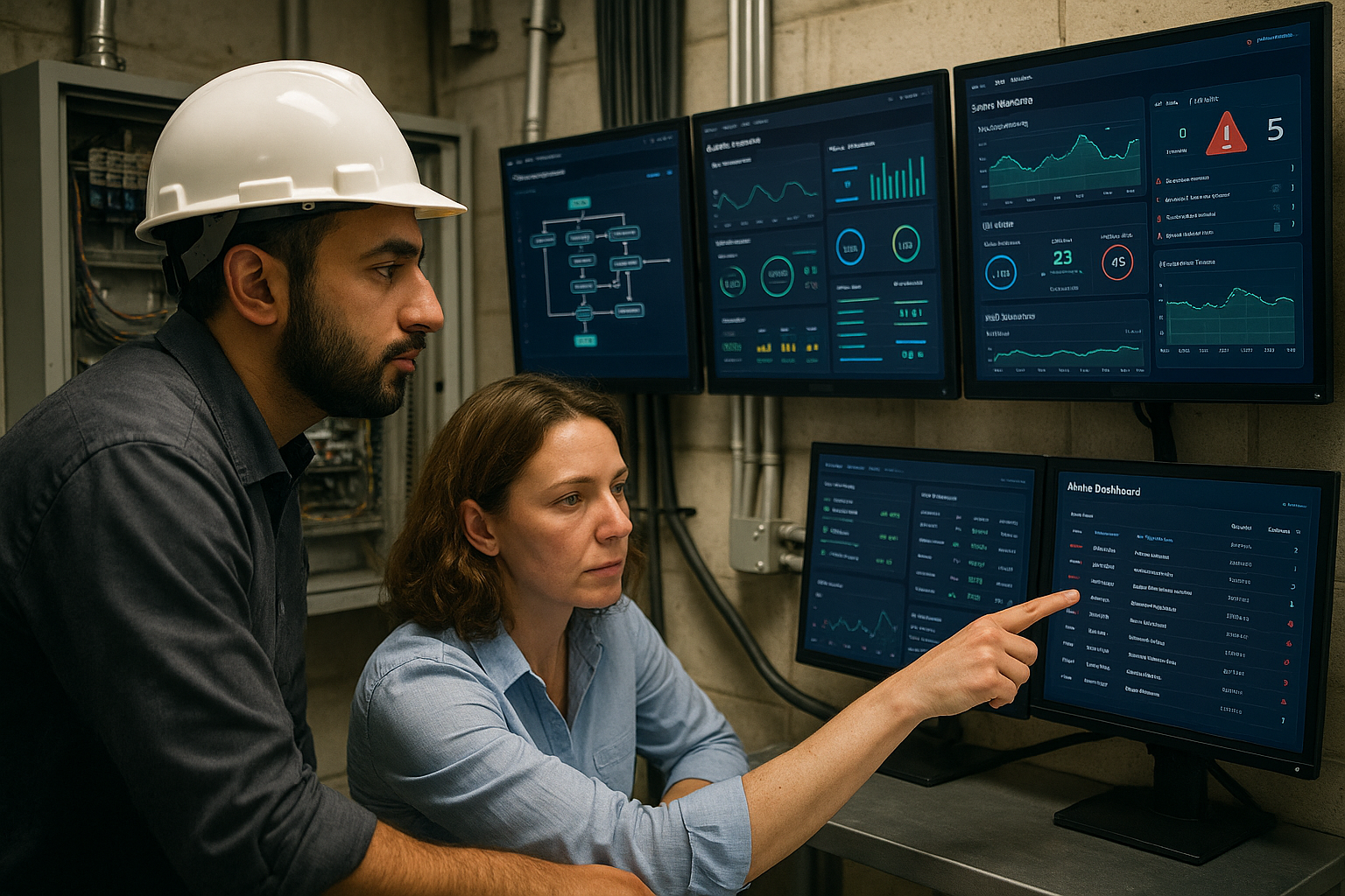 Engineering professionals reviewing IT automation dashboards and monitoring systems on multiple screens