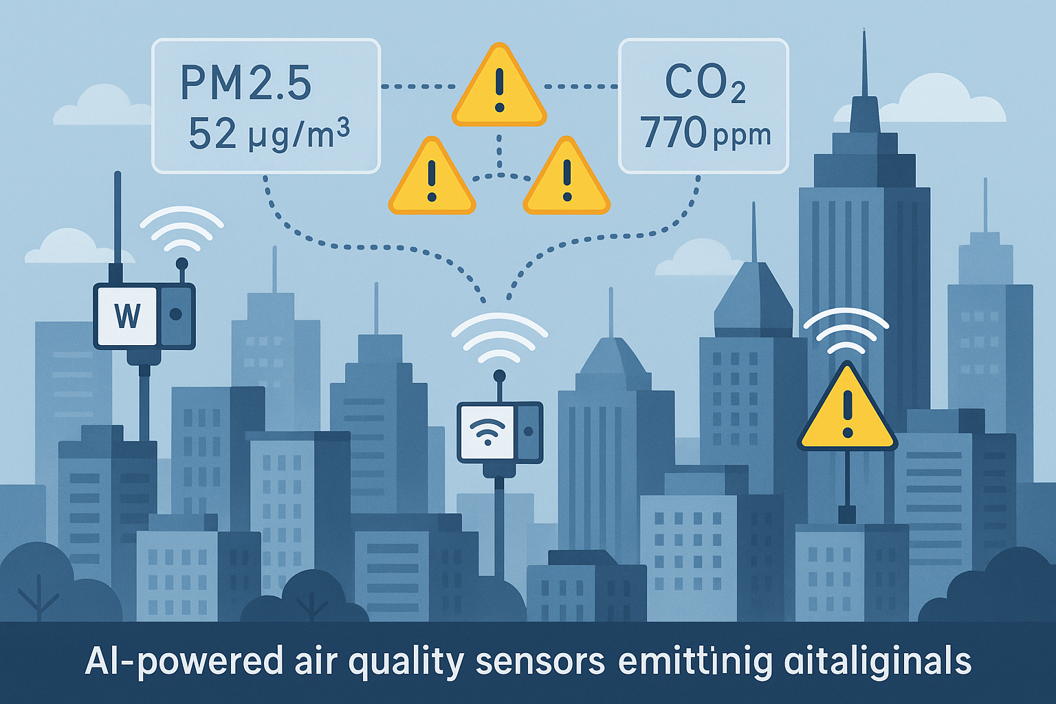 Cityscape with AI air quality sensors and real-time pollution data visualization