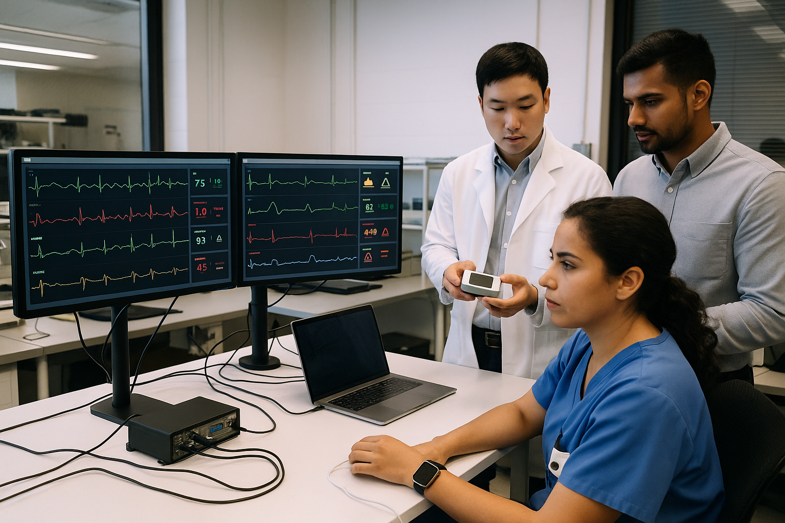 Healthcare professional analyzing real-time vital signs telemetry data on multiple monitors in a clinical environment