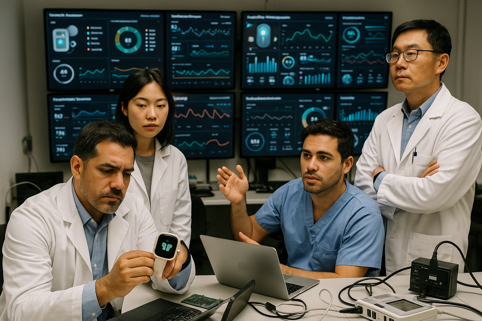 Healthcare professionals viewing operational dashboards showing real-time data from connected medical devices in a clinical setting