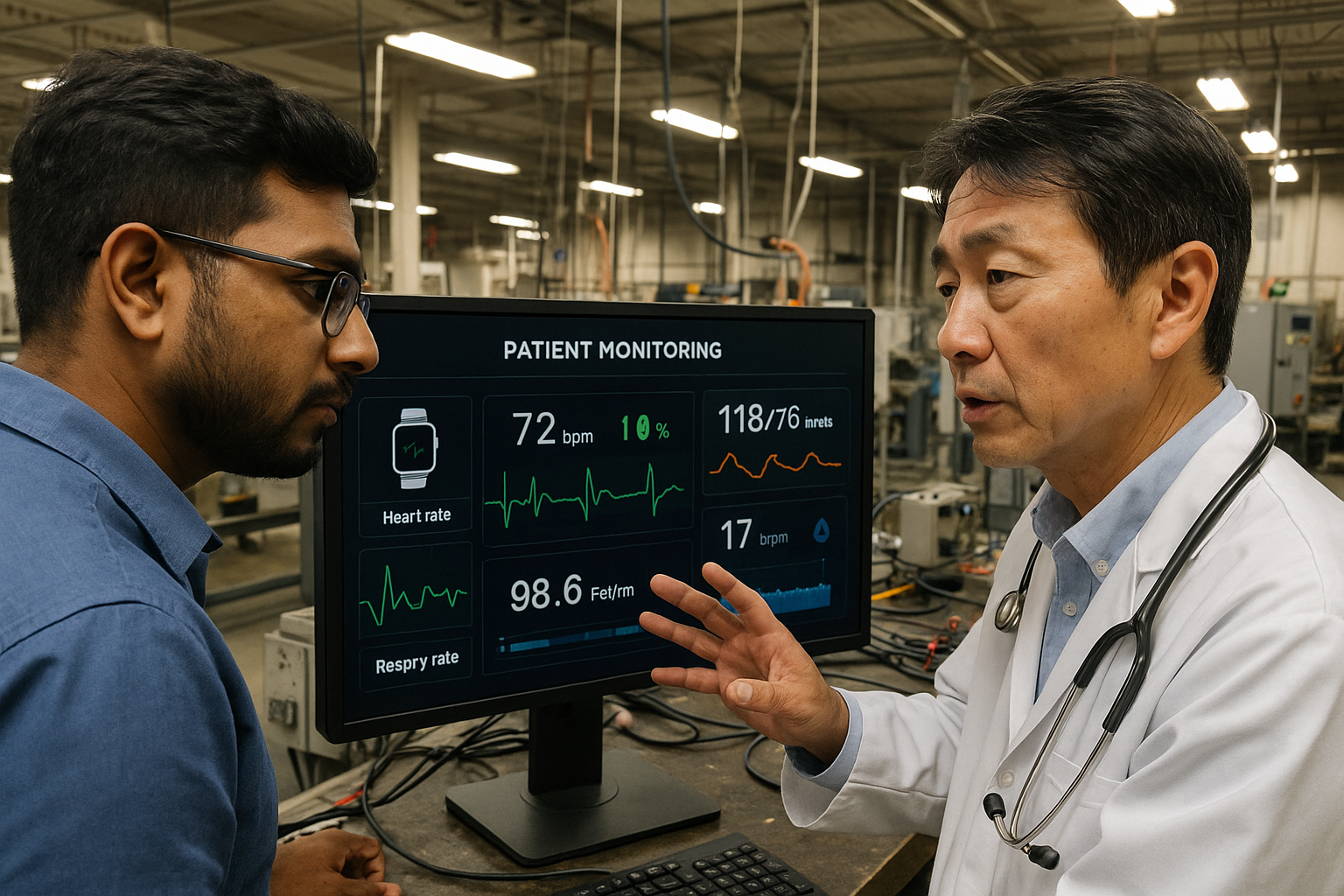 Healthcare professional reviewing wearable device data on an operational dashboard in a clinical environment
