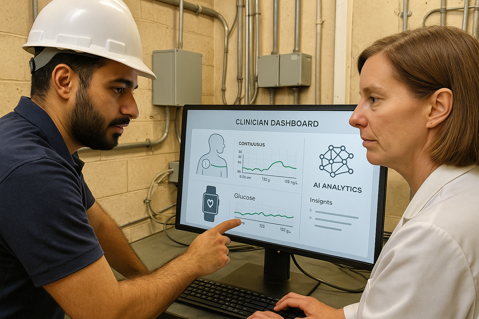 AI dashboard connected to wearable glucose and activity data for diabetes management