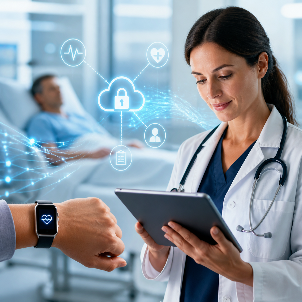 Connected medical devices, patient monitoring dashboard, and secure healthcare data flows