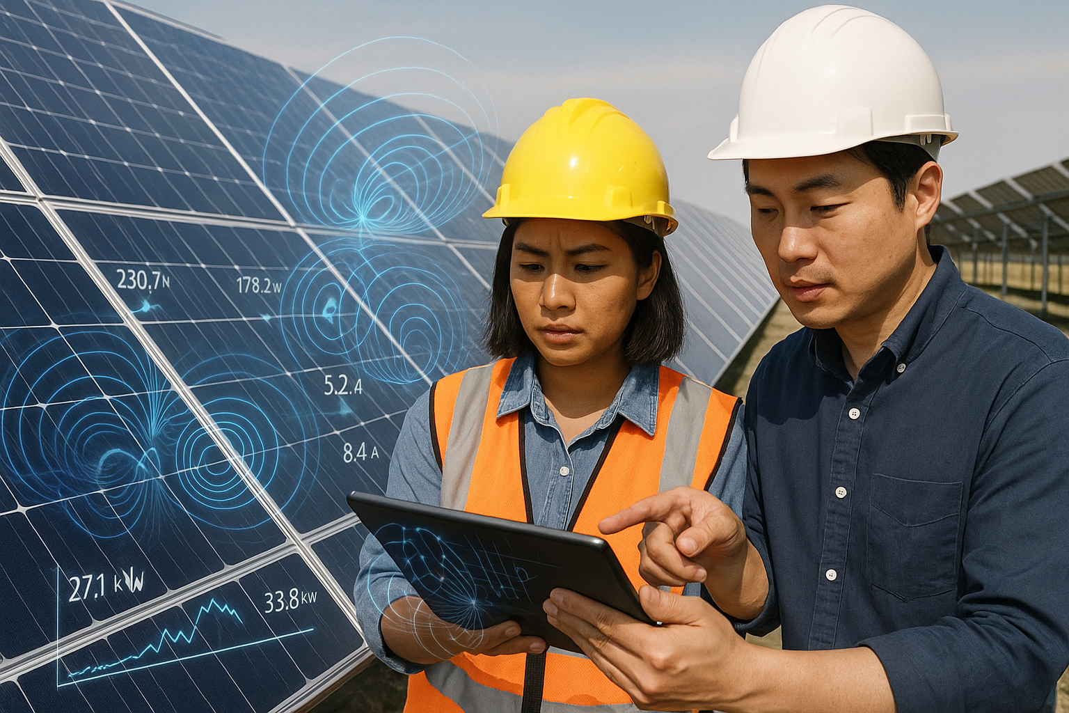 Photovoltaic panels experiencing magnetic interference with sensor data overlay at a solar farm
