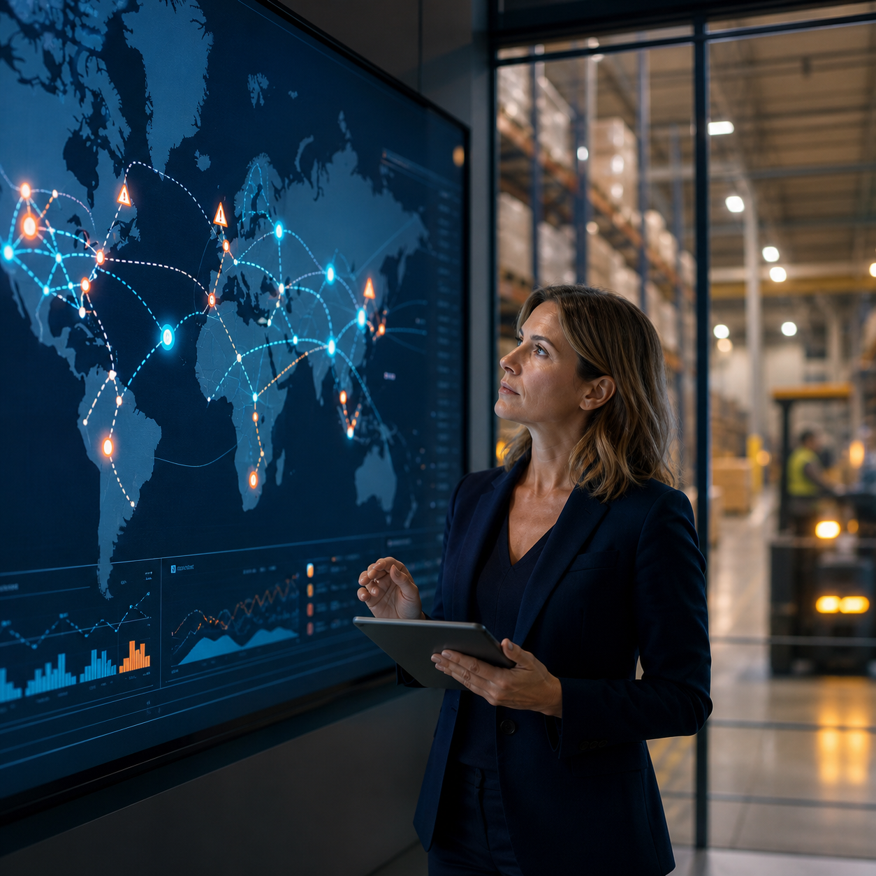 A supply chain control room showing live dashboards, connected logistics nodes, and automated disruption alerts.