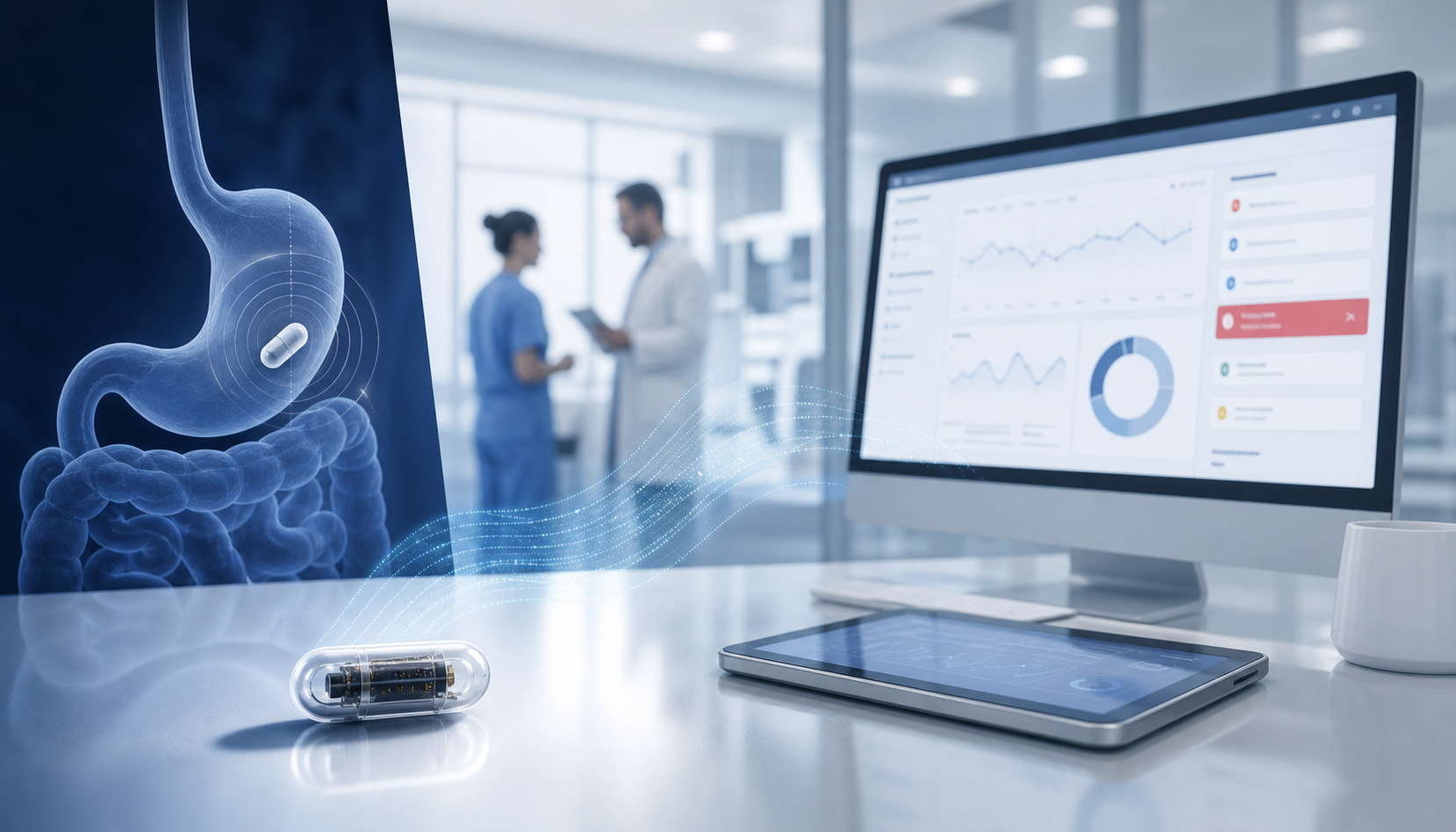 ภาพแนวคิด connected health dashboard แสดงเทเลเมทรีจาก ingestible sensor และสัญญาณการมอนิเตอร์