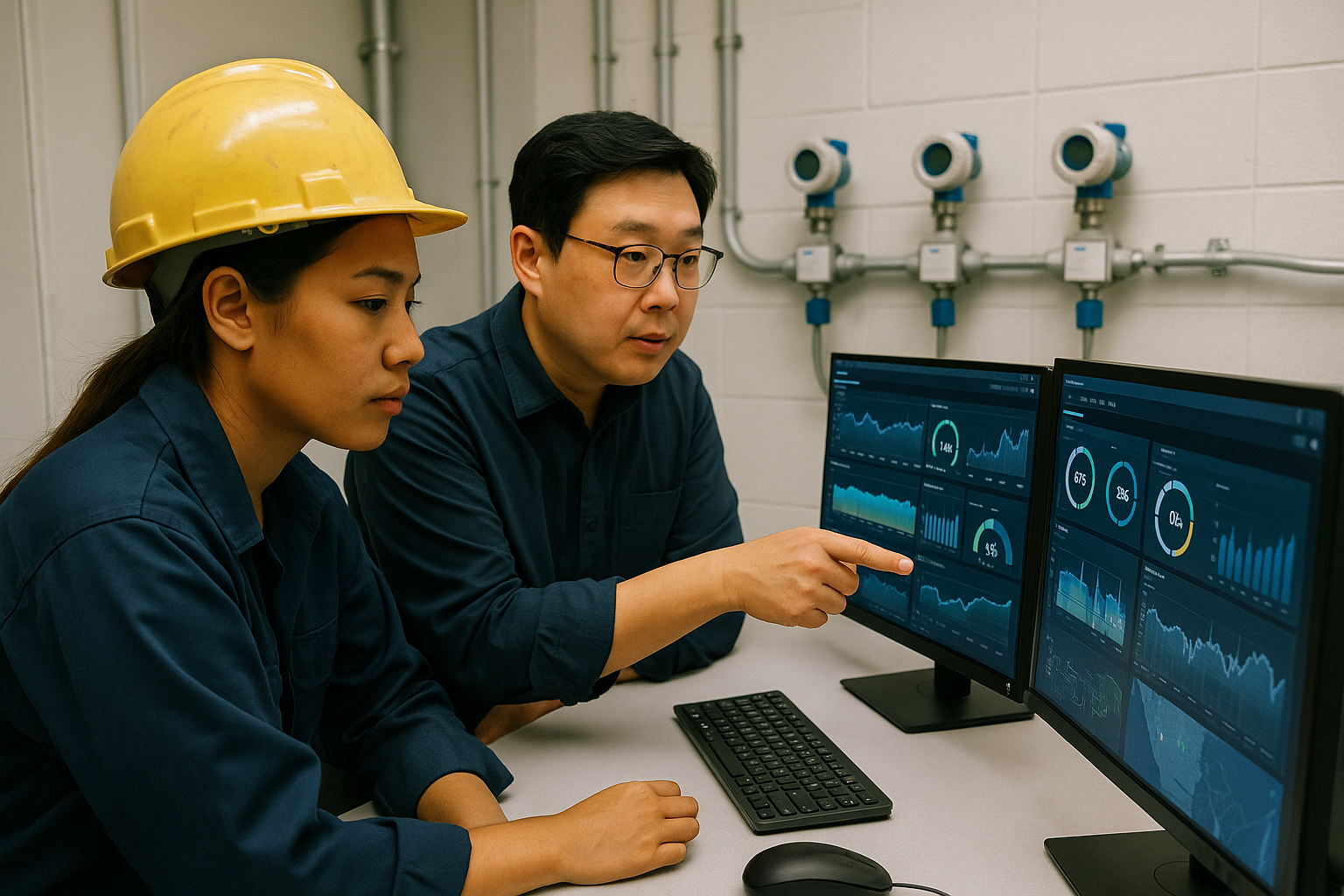 Engineers reviewing telemetry data on large screens with magnetic sensor hardware in a factory setting.