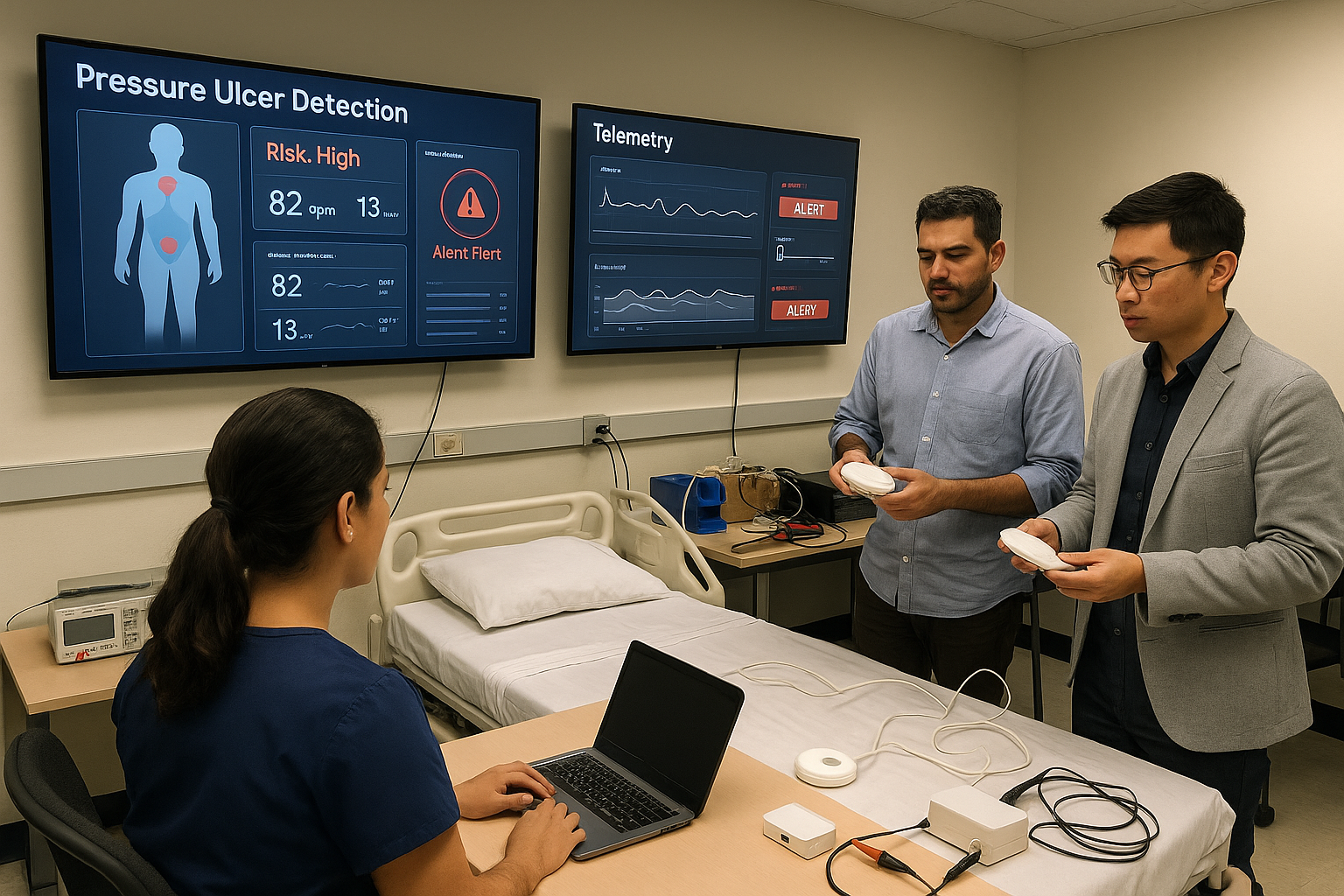 Hospital nurse using digital monitoring platform displaying pressure ulcer detection telemetry data