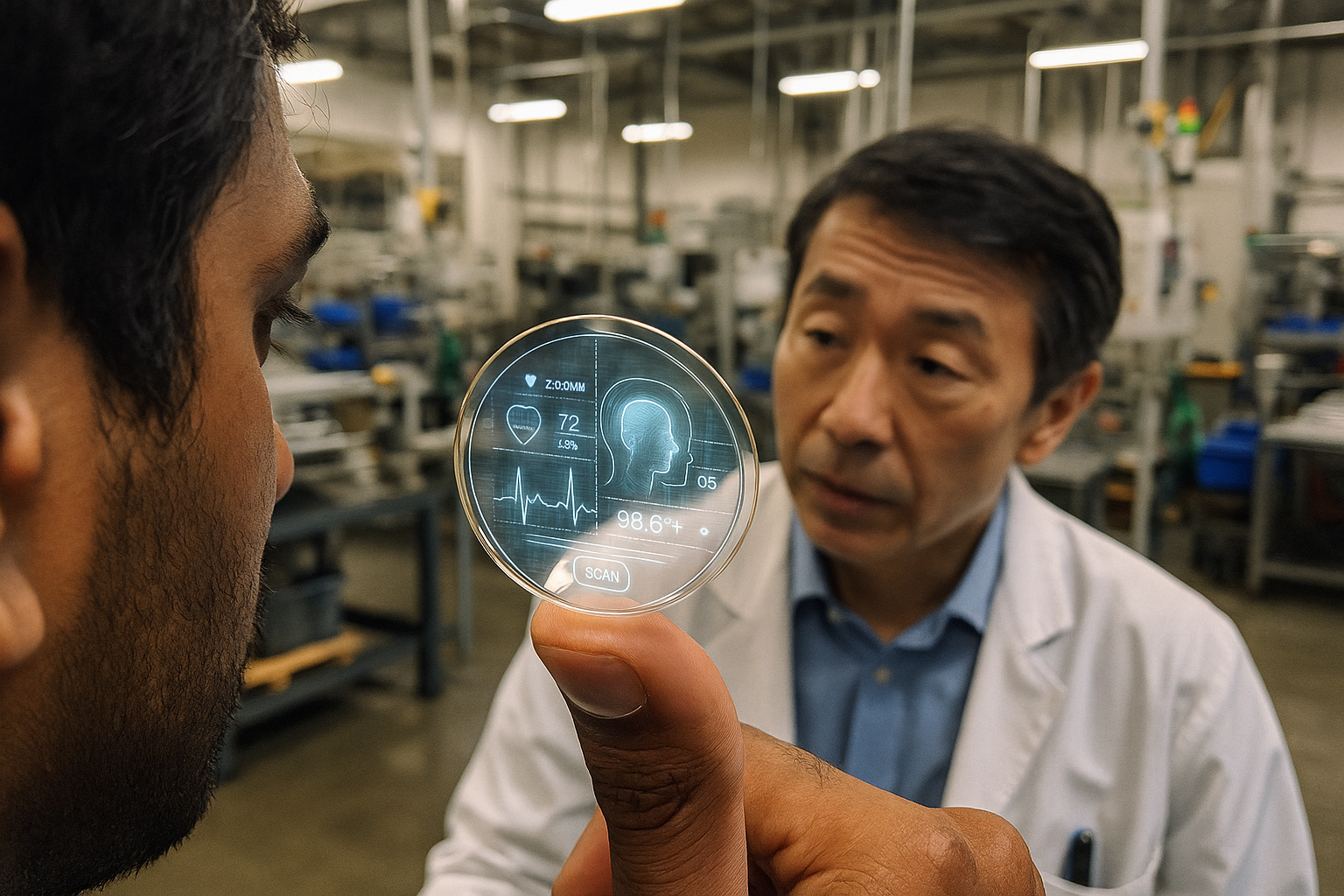 Smart contact lens displaying biometric data against a high-tech background