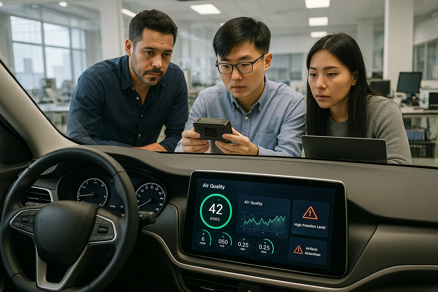 Vehicle interior dashboard showing real-time air quality monitoring and alerts